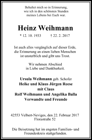 Traueranzeige von Heinz Weihmann von Stadtanzeiger Velbert + Heiligenhaus