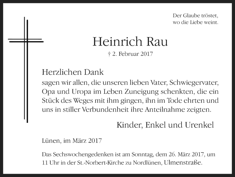  Traueranzeige für Heinrich Rau vom 18.03.2017 aus Lüner Anzeiger
