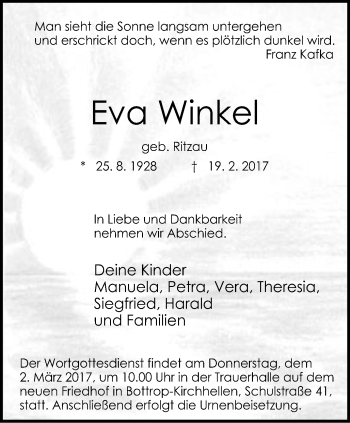 Traueranzeige von Eva Winkel von Stadtspiegel Bottrop