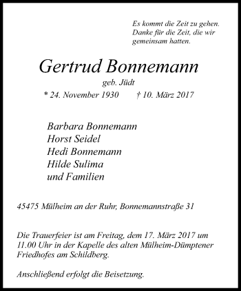 Traueranzeige von Gertrud Bonnemann von Mülheimer Woche