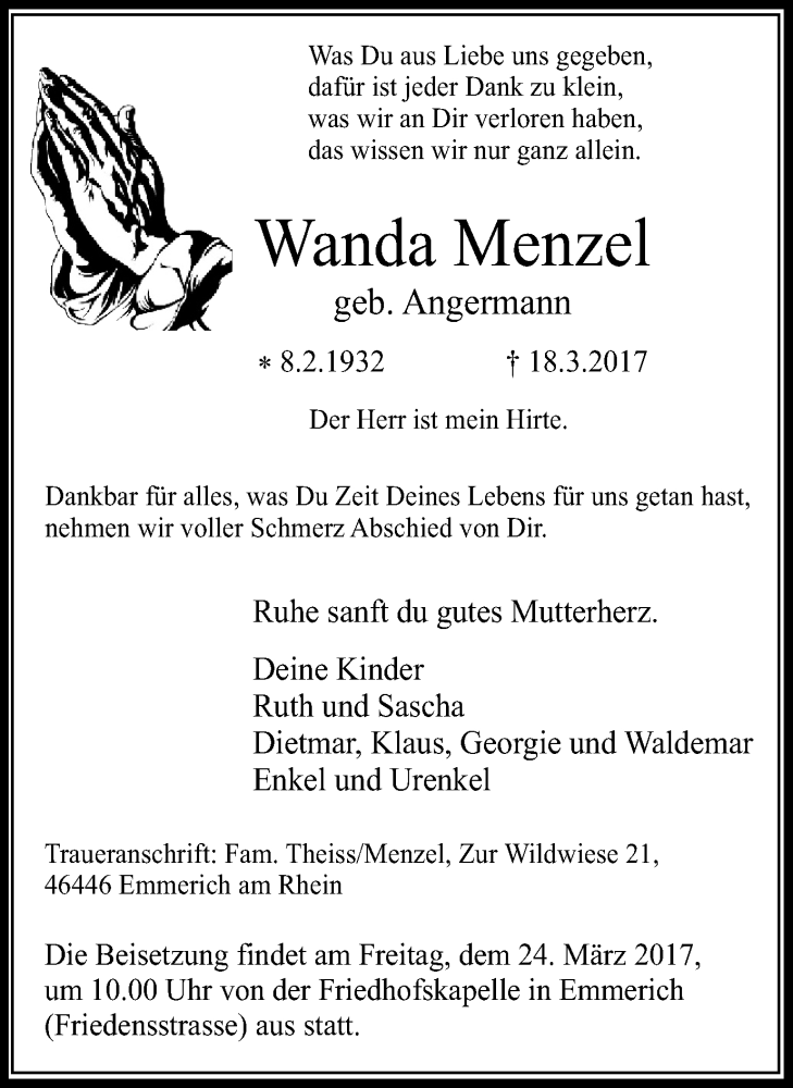  Traueranzeige für Wanda Menzel vom 22.03.2017 aus Stadtanzeiger Emmerich/Rees/Isselburg