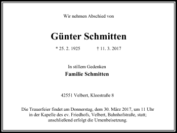 Traueranzeige von Günter Schmitten von Stadtanzeiger Velbert + Heiligenhaus