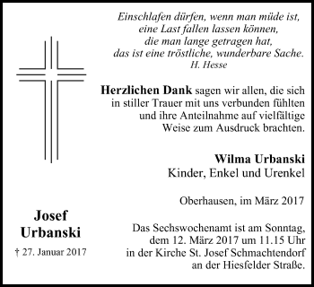 Traueranzeige von Josef Urbanski von Wochen-Anzeiger Oberhausen