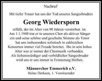 Traueranzeige von Georg Wiedersporn von Stadtanzeiger Emmerich/Rees/Isselburg