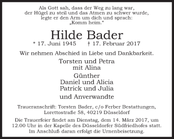 Traueranzeige von Hilde Bader von Wochen-Anzeiger Langenfeld/Monheim/Hilden