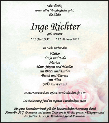 Traueranzeige von Inge Richter von Stadtanzeiger Emmerich/Rees/Isselburg