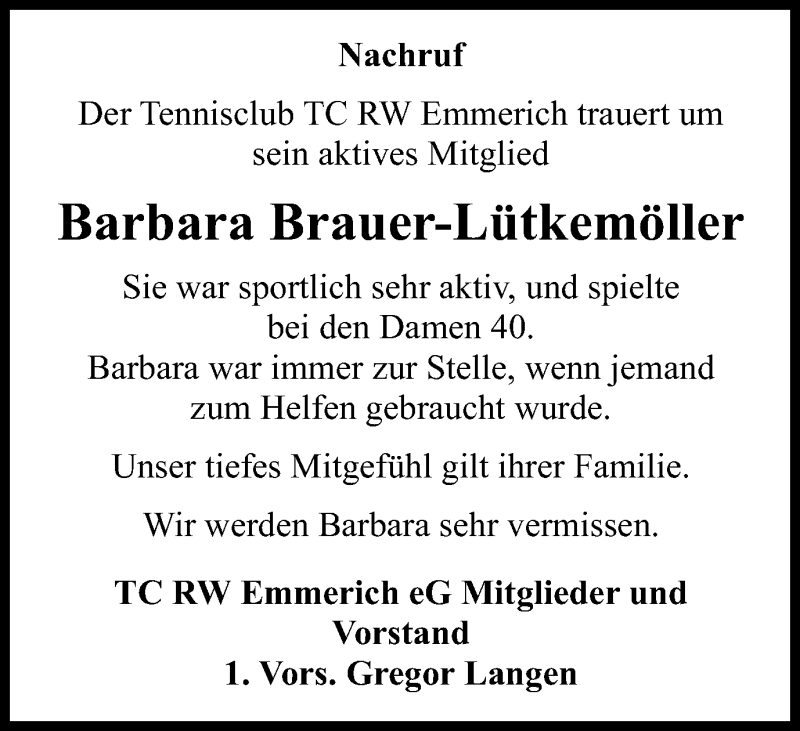  Traueranzeige für Barbara Brauer-Lütkemöller vom 04.03.2017 aus Stadtanzeiger Emmerich/Rees/Isselburg