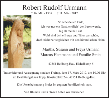 Traueranzeige von Robert Rudolf Urmann von Klever + Gocher Wochenblatt