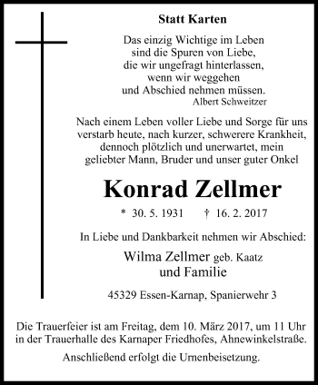 Traueranzeige von Konrad Zellmer von Nord Anzeiger Essen