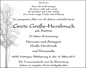 Traueranzeige von Grete Große-Herzbruch von Stadtspiegel Hattingen/Niedersprockhövel