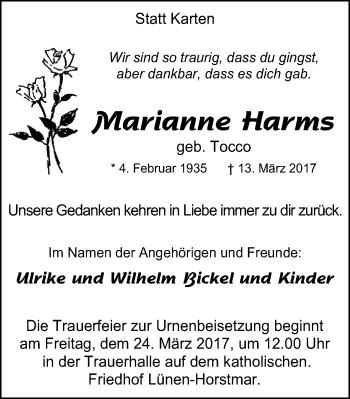 Traueranzeige von Marianne Harms von Lüner Anzeiger