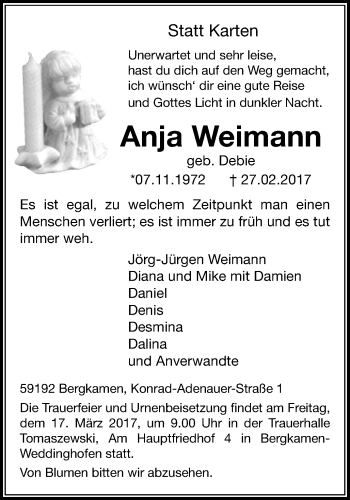 Traueranzeige von Anja Weimann von Stadtspiegel Kamen + Unna