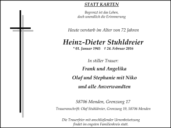 Traueranzeige von Heinz-Dieter Stuhldreier von Stadtspiegel Menden + Froendenberg