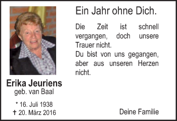 Traueranzeige von Erika Jeuriens von Klever Wochenblatt