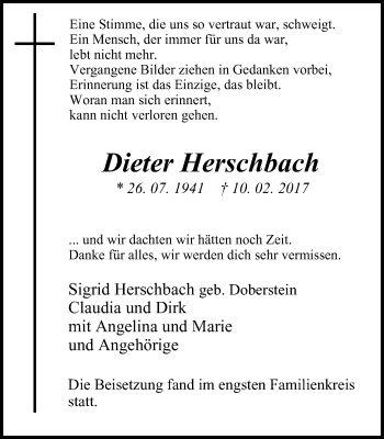 Traueranzeige von Dieter Herschbach von Wochen-Anzeiger Oberhausen