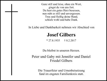 Traueranzeige von Josef Gilbers von Wochen-Anzeiger Oberhausen