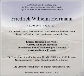 Traueranzeige von Friedrich Wilhelm Herrmann von Stadtspiegel Kamen + Unna