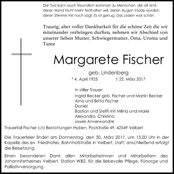 Traueranzeige von Margarete Fischer von Stadtanzeiger Velbert + Heiligenhaus