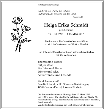 Traueranzeige von Helga Erika Schmidt von Stadtanz.Castrop-Rauxel