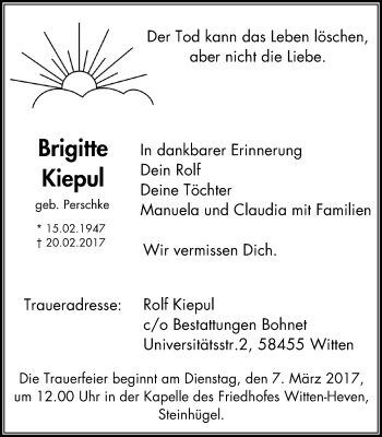 Traueranzeige von Brigitte Kiepul von Witten aktuell