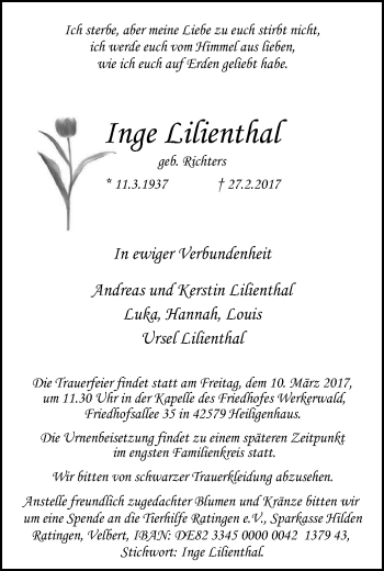 Traueranzeige von Inge Lilienthal von Stadtanzeiger Velbert + Heiligenhaus