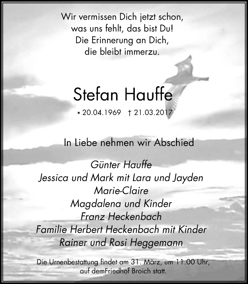  Traueranzeige für Stefan Hauffe vom 29.03.2017 aus Mülheimer Woche