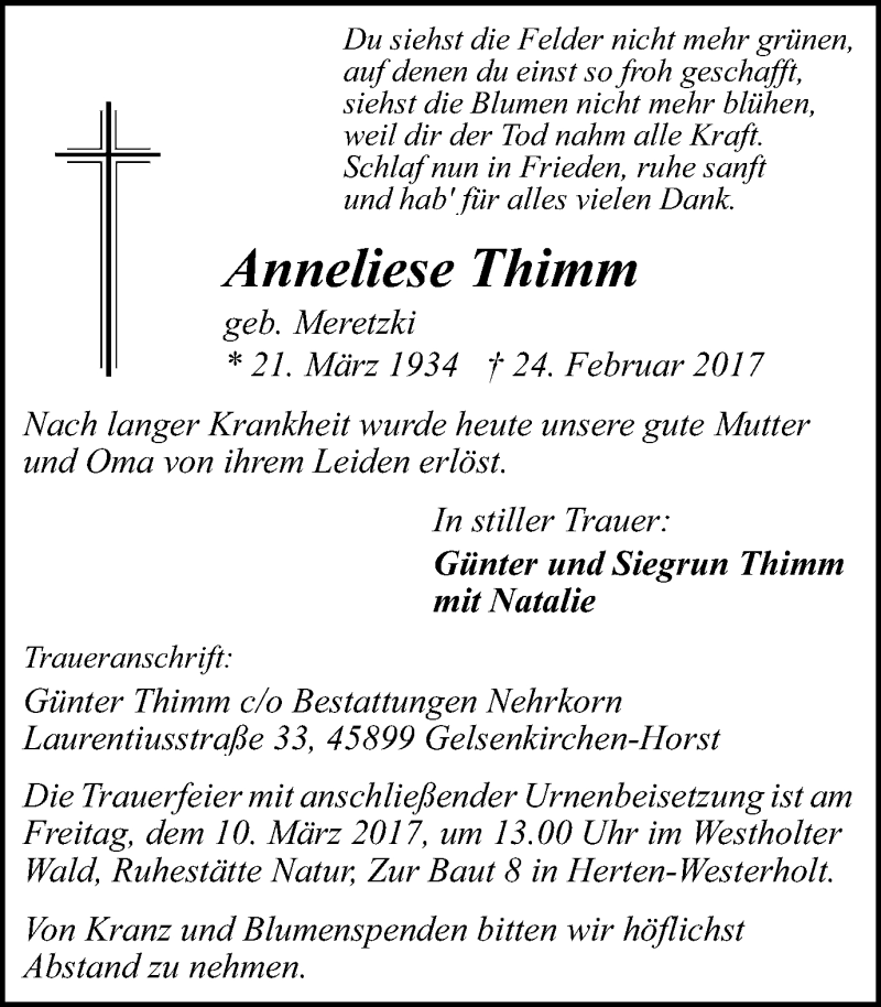  Traueranzeige für Anneliese Thimm vom 04.03.2017 aus Stadtspiegel Gelsenkirchen