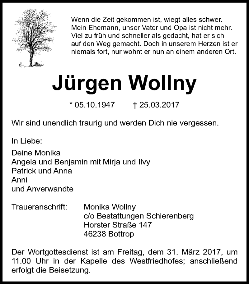  Traueranzeige für Jürgen Wollny vom 29.03.2017 aus Stadtspiegel Bottrop