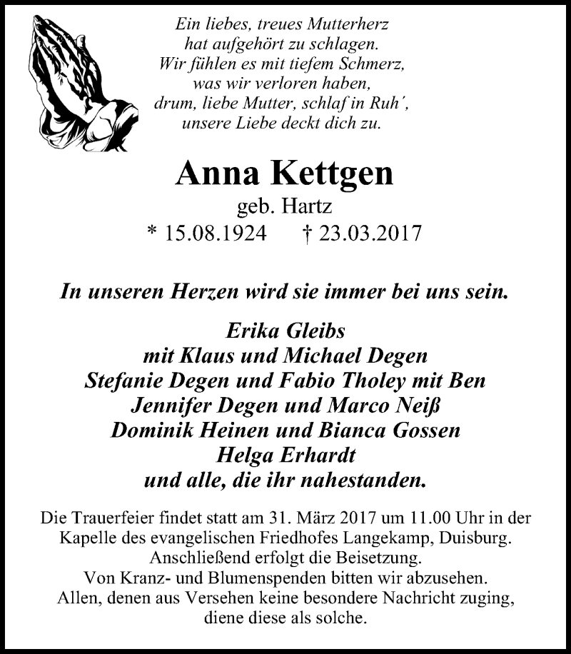  Traueranzeige für Anna Kettgen vom 29.03.2017 aus Wochen-Anzeiger Duisburg