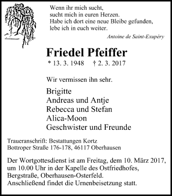 Traueranzeige von Friedel Pfeiffer von Wochen-Anzeiger Oberhausen