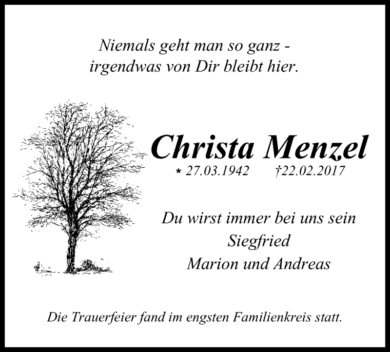 Traueranzeige für Christa Menzel vom 08.03.2017 aus Stadtspiegel Gelsenkirchen