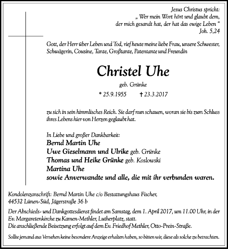  Traueranzeige für Christel Uhe vom 29.03.2017 aus Lüner Anzeiger