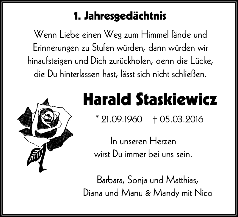  Traueranzeige für Harald Staskiewicz vom 04.03.2017 aus Wochen-Anzeiger Oberhausen