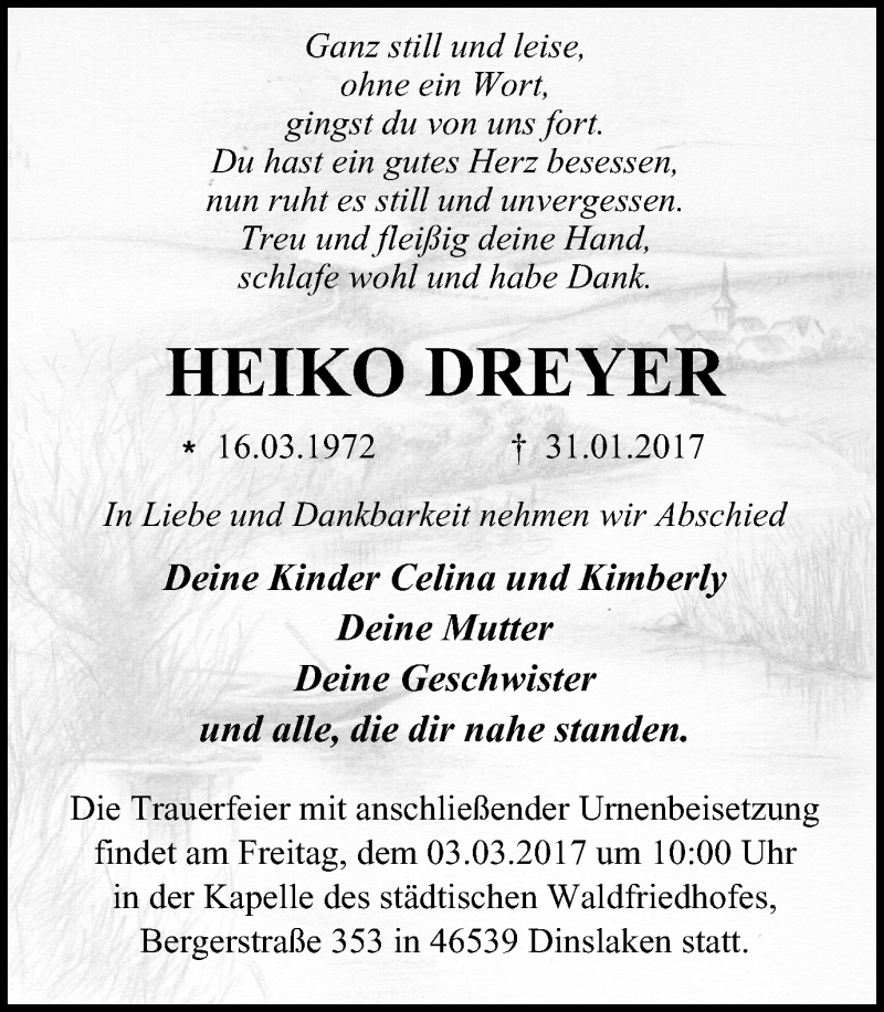  Traueranzeige für Heiko Dreyer vom 01.03.2017 aus Niederrhein-Anz. Dinsl./Voerde/Hünxe