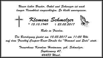 Traueranzeige von Klemens Schmelzer von Der Weseler + Der Xantener