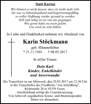 Traueranzeige von Karin Stöckmann von Wochen-Anzeiger Oberhausen