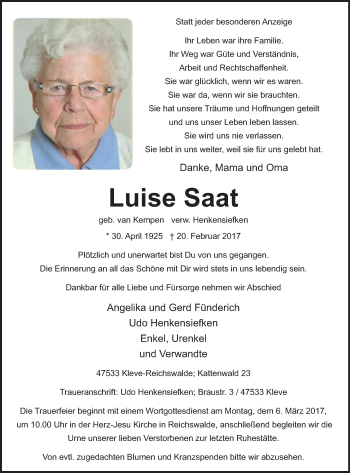 Traueranzeige von Luise Saat von Klever Wochenblatt