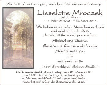 Traueranzeige von Lieselotte Mroczek von Stadtspiegel Hattingen/Niedersprockhövel