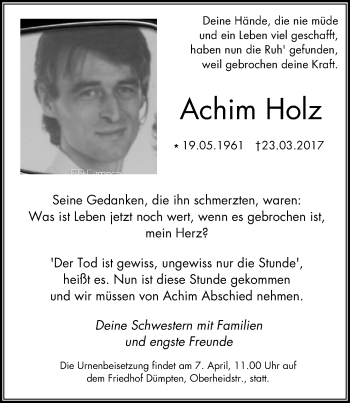 Traueranzeige von Achim Holz von Mülheimer Woche