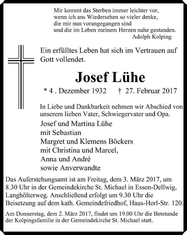  Traueranzeige für Josef Lühe vom 01.03.2017 aus Borbeck Kurier