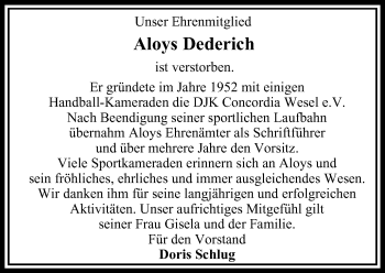 Traueranzeige von Aloys Dederich von Der Weseler + Der Xantener