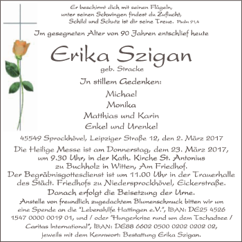 Traueranzeige von Erika Szigan von Stadtspiegel Hattingen/Niedersprockhövel