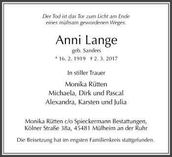 Traueranzeige von Anni Lange von Mülheimer Woche