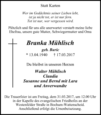 Traueranzeige von Branka Mühlisch von Stadtspiegel Wattenscheid