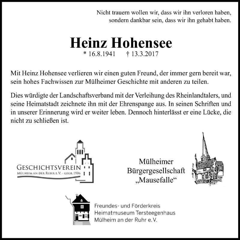  Traueranzeige für Heinz Hohensee vom 25.03.2017 aus Mülheimer Woche