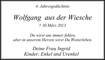Traueranzeige von Wolfgang aus der Wiesche von Mülheimer Woche