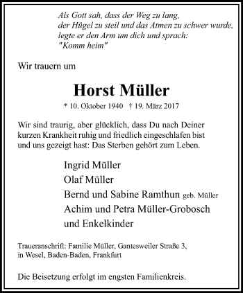 Traueranzeige von Horst Müller von Der Weseler + Der Xantener