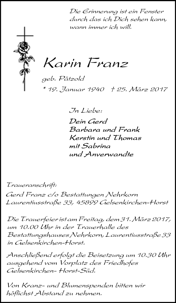  Traueranzeige für Karin Franz vom 29.03.2017 aus Stadtspiegel Gelsenkirchen