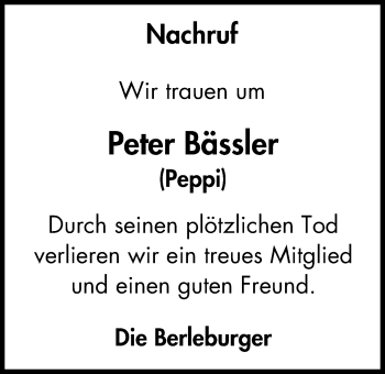 Traueranzeige von Peter Bässler von Kettwig Kurier