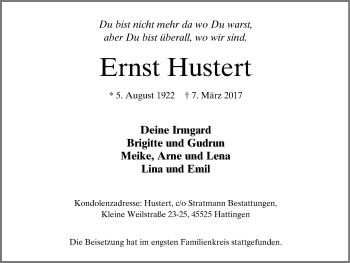 Traueranzeige von Ernst Hustert von Stadtspiegel Hattingen/Niedersprockhövel